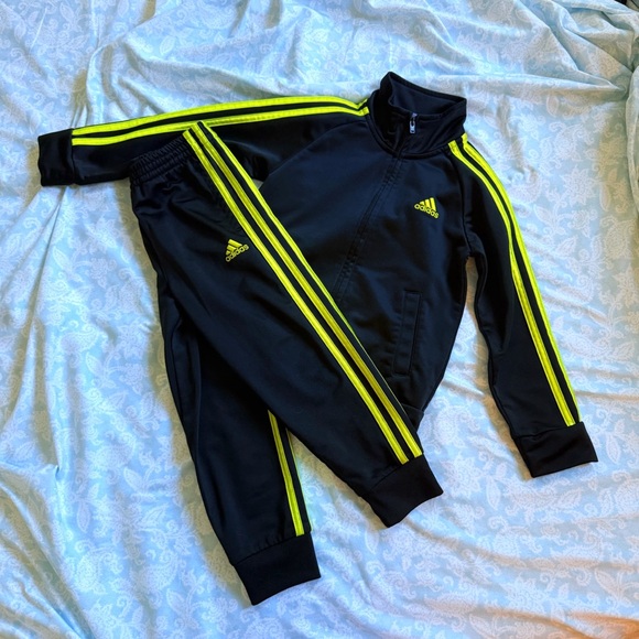 adidas Other - ADIDAS KIDS BLACK NEON YELLOW TRICOT JACKET PANTS TRACKSUIT SET